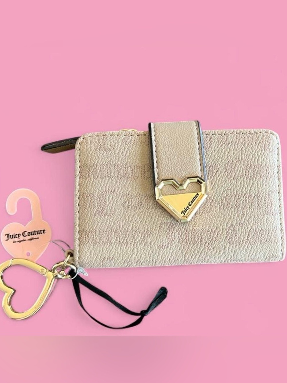 Juicy Couture Beige Heart Accent Zip Card Holder with Key Charm